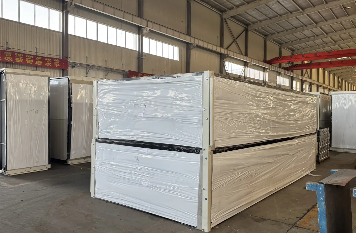 Packed modular units prepared for delivery
