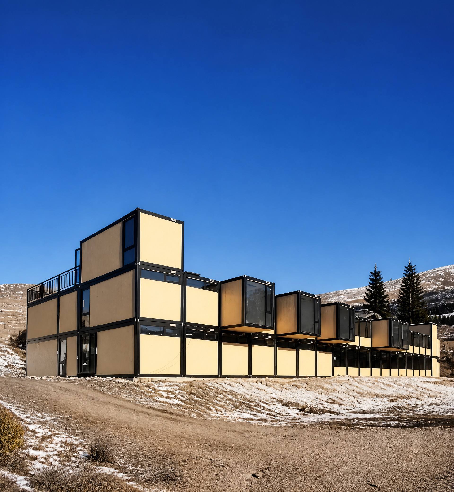 Stacked MZ ECO modular building units with tan panels and glazed corners on a mountain site