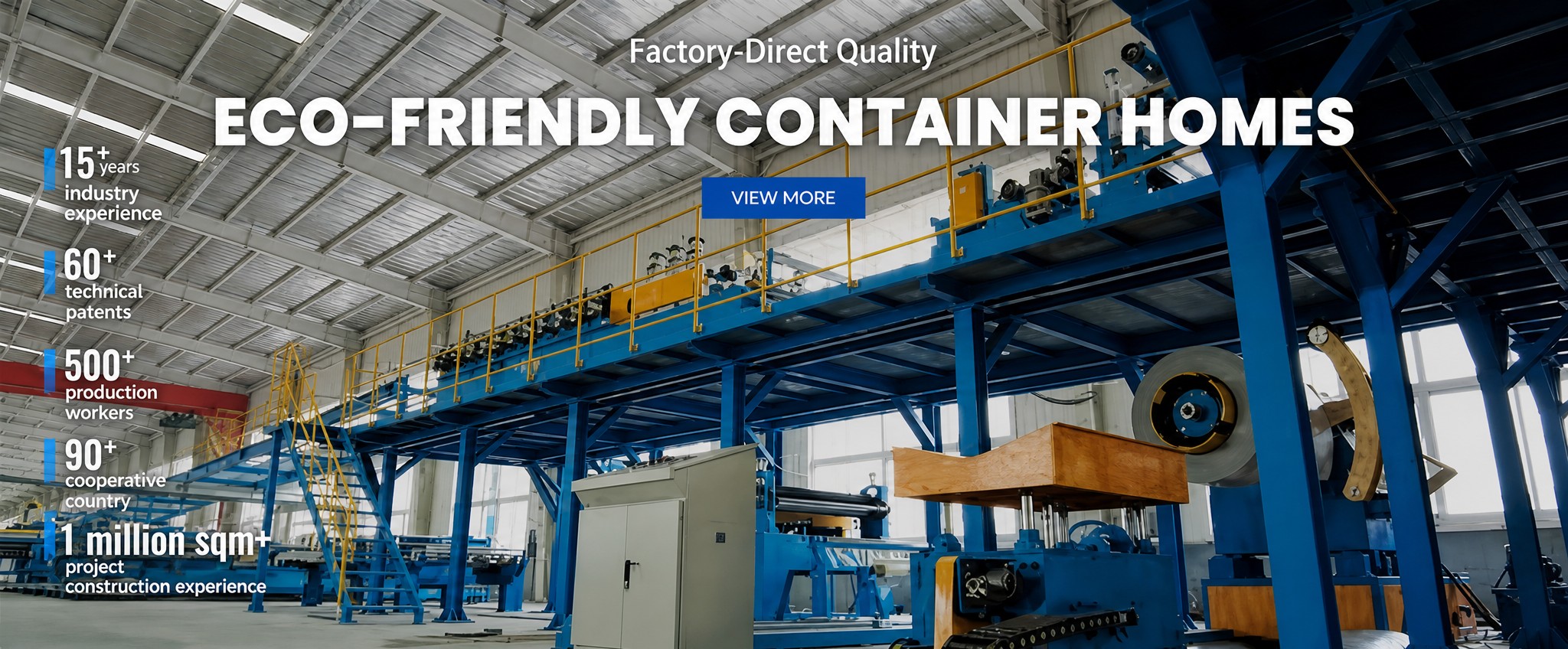 Factory-Direct Quality — Eco-Friendly Container Homes. MZ factory banner with company figures and a View More prompt.