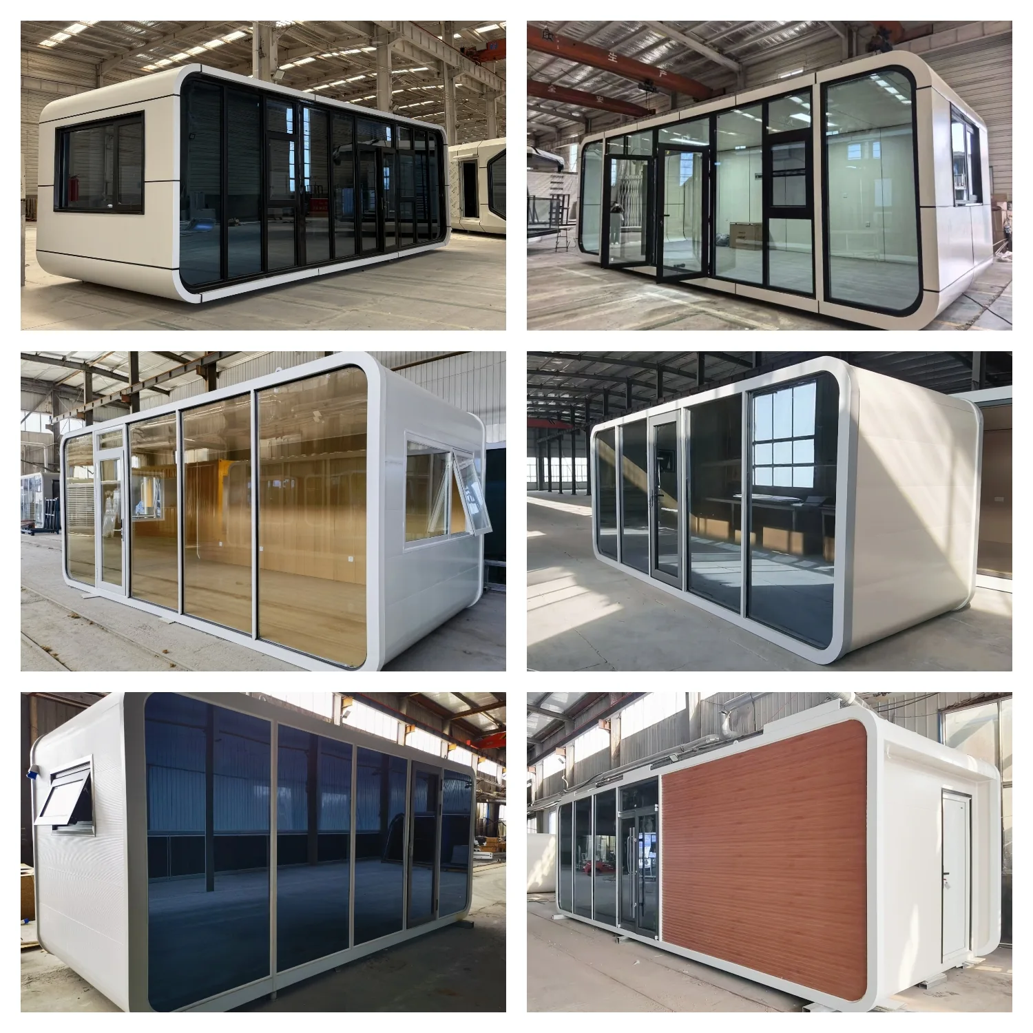 Factory photographs of apple cabin exteriors with different glazing, entrances and panel finishes