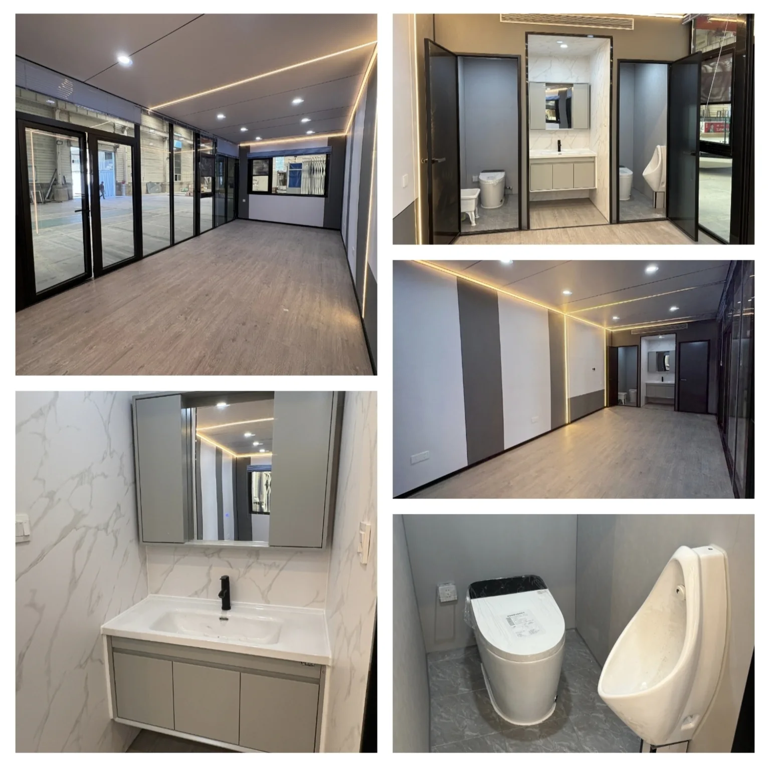 Apple cabin interior examples showing an open room, washbasins and restroom fittings