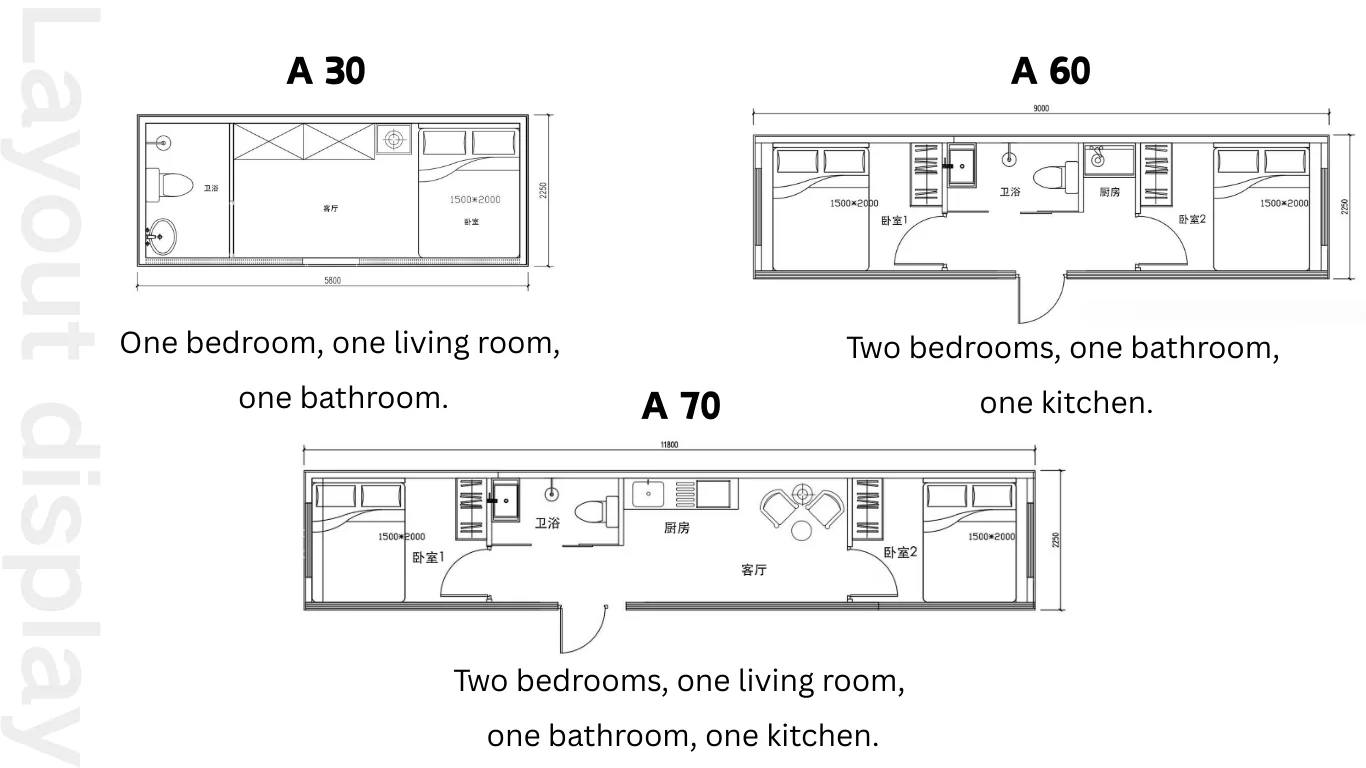Reference floor plans for A30, A60 and A70 apple cabin configurations