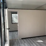 Office apple cabin interior showing a partition and wood-look floor
