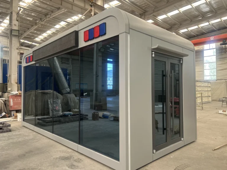 Custom service booth apple cabin with a glazed front, side door and signal lights
