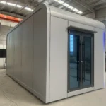 Side entrance of the custom service booth apple cabin inside the factory
