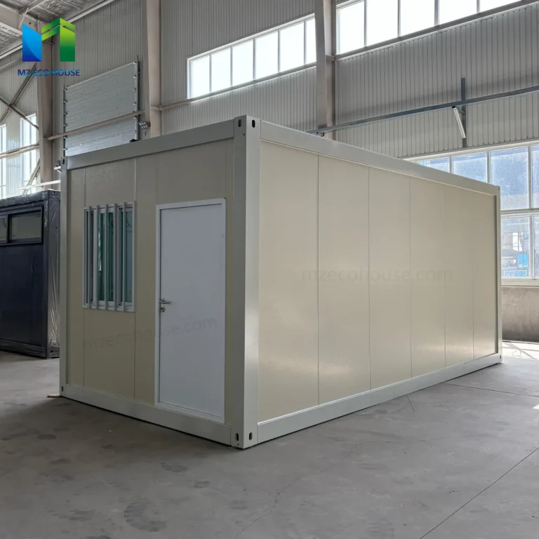 Cream-panel detachable container house with a light frame and an end-wall entrance inside the factory
