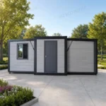 Front reference of a grey expandable container house with black framing and a solid entrance door