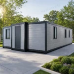 Side reference of a grey expandable container house with horizontal wall panels and narrow side windows