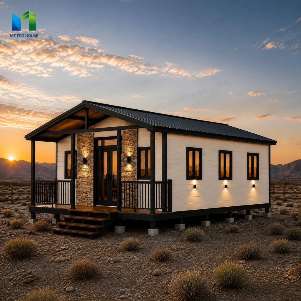 Expandable house exterior concept with a dark pitched roof, stone-look entrance columns and a covered porch