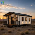 Expandable house exterior concept with a dark pitched roof, stone-look entrance columns and a covered porch