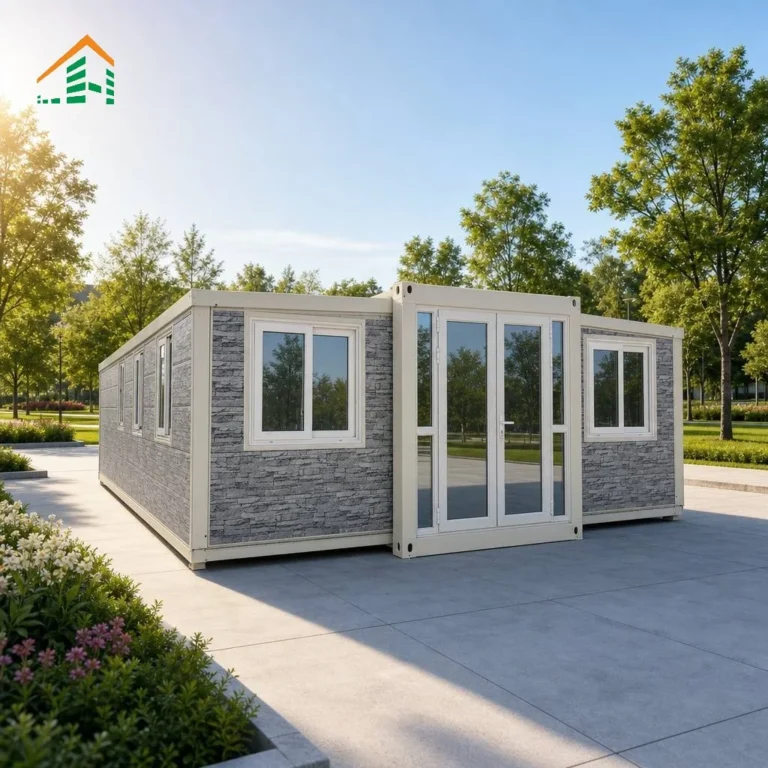 Grey stone-look expandable container house reference with white framing and a glazed central entrance