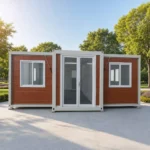 Front reference of a wood-look expandable house with white framing and a central glazed entrance