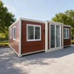 White-framed wood-look expandable house shown from a front corner