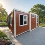 Rear reference of a white-framed wood-look expandable house with a high-level central window