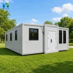 Exterior reference of a white expandable container house with a solid door and side windows