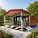 Wood-look expandable house reference with a red pitched porch roof, pale railings and entrance steps