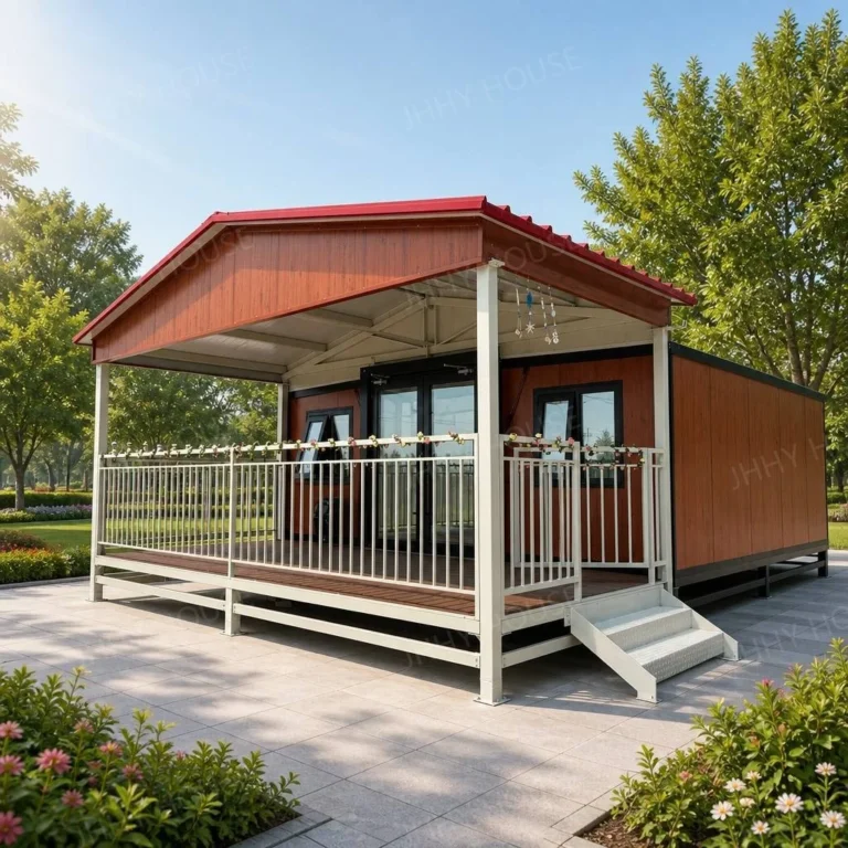 Wood-look expandable house reference with a red pitched porch roof, pale railings and entrance steps