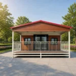 Front reference of a wood-look expandable house with a covered porch and pale railing