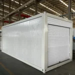 Flat pack storage container with a roller shutter door