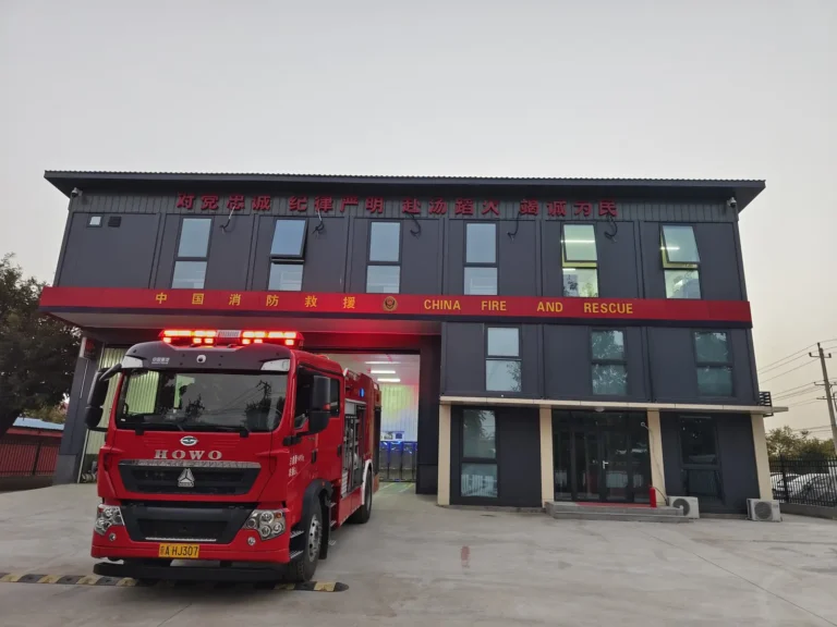 Front elevation of a Beijing modular fire station with a fire engine