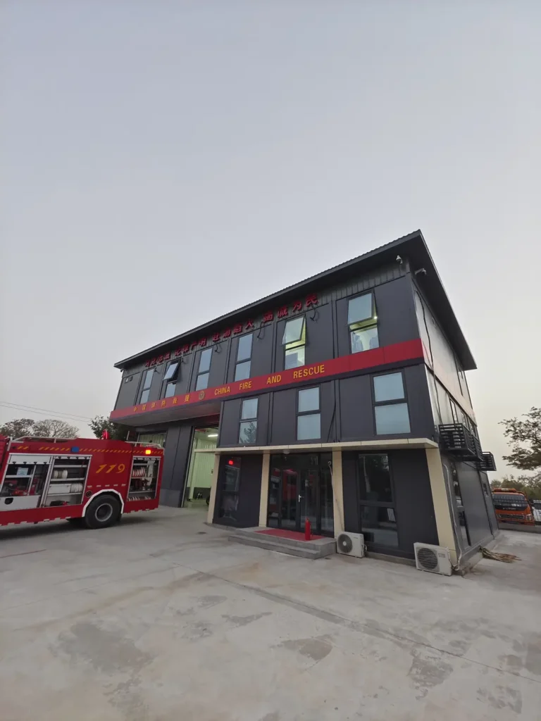 Corner elevation of the modular fire station in Beijing