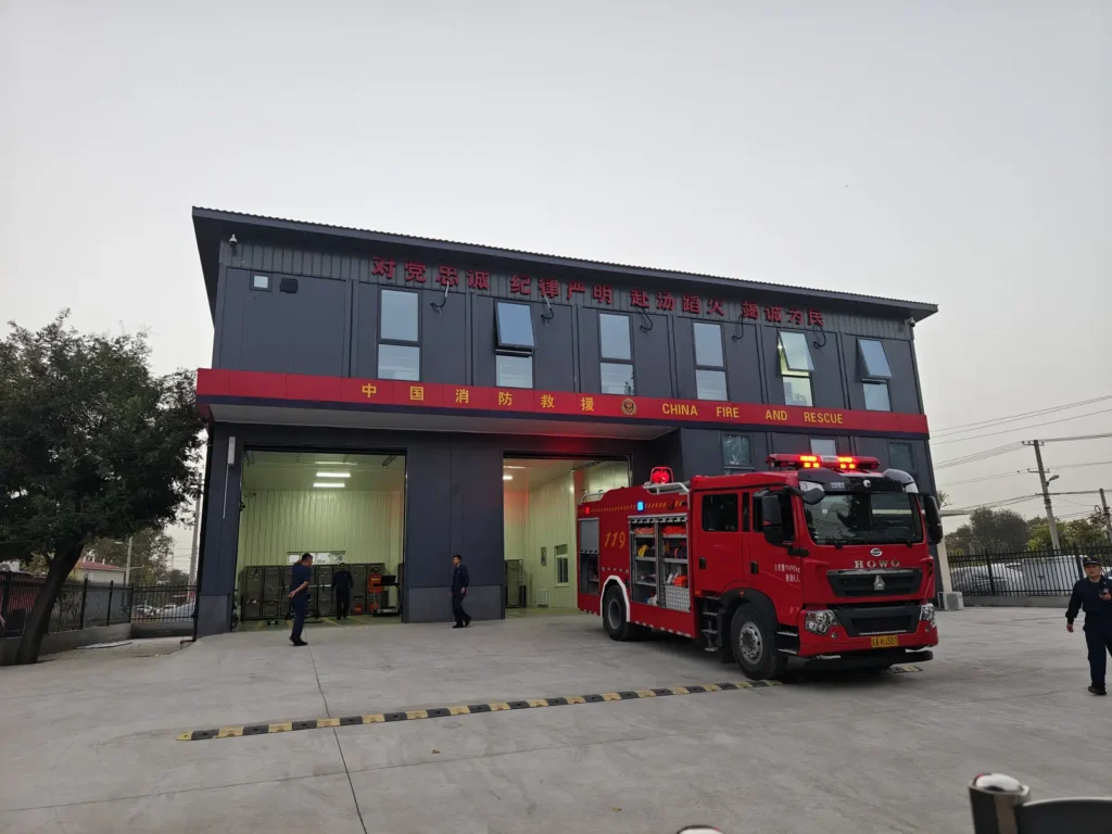 Fire engine parked outside the completed modular station