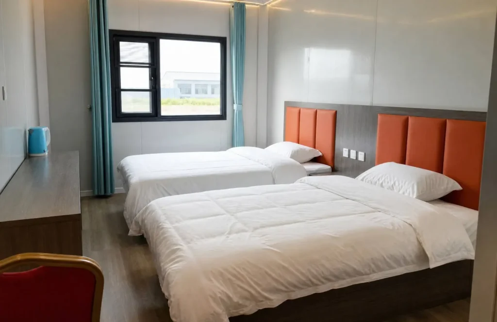 Twin guest room inside the Guyuan modular hotel