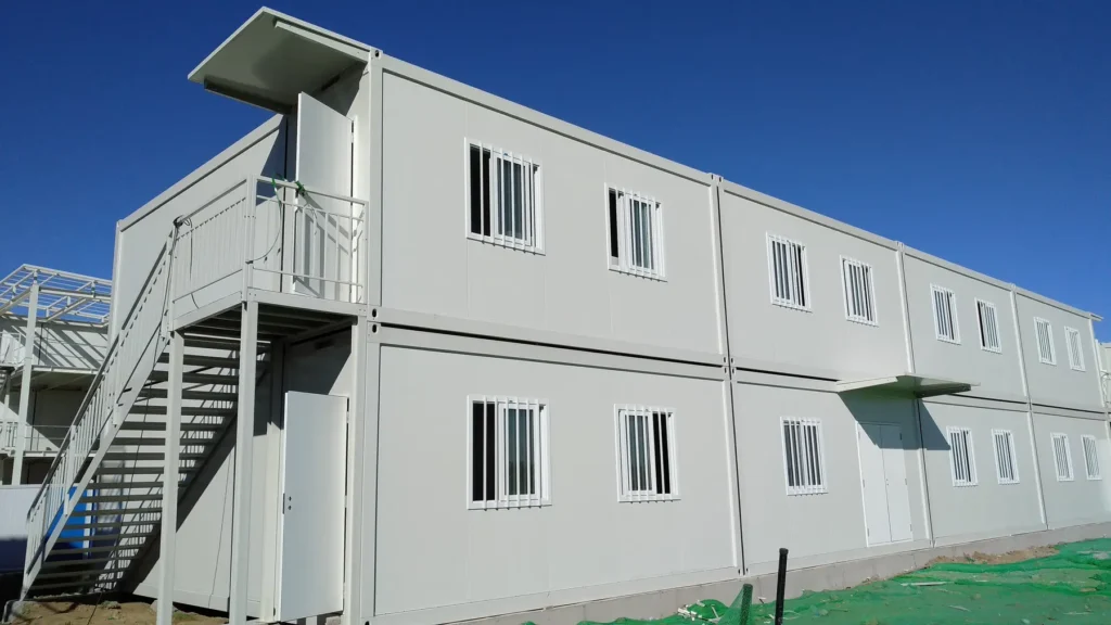 Two-storey white modular accommodation block in Beijing