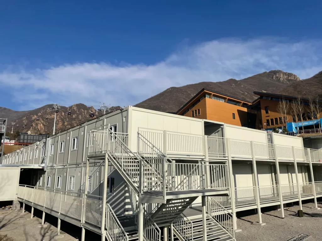 Two-storey modular buildings with external stairs at the Yanqing venue
