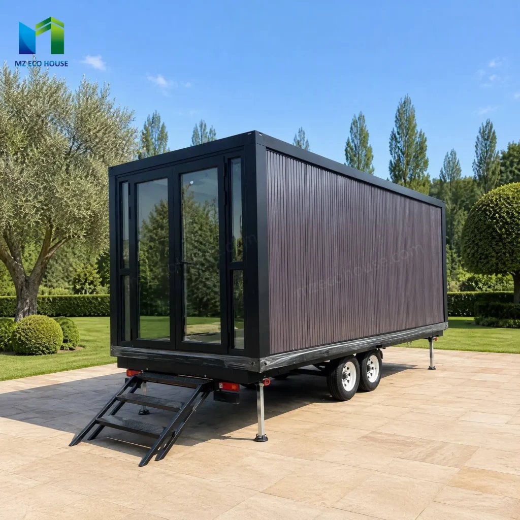 Trailer-Mounted Wood-Look Container Cabin — product view