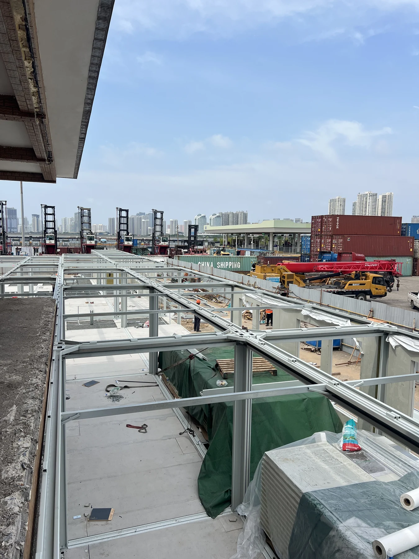 Modular building frames under installation at a project site