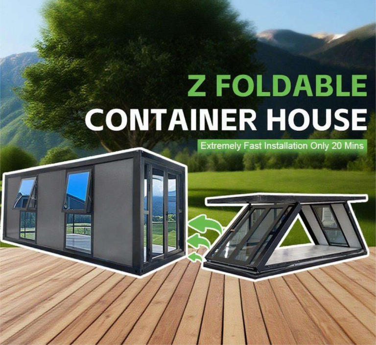 Z Foldable Container House by MZ ECO HOUSE — foldable container house models displayed open on a timber deck, showing the folding panels and glazed door design.