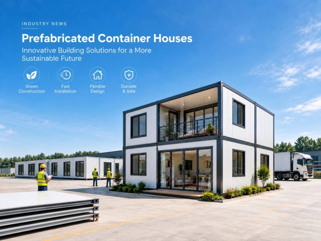 Container home exterior design with white cladding, upper balcony and sliding glass doors onto a timber deck