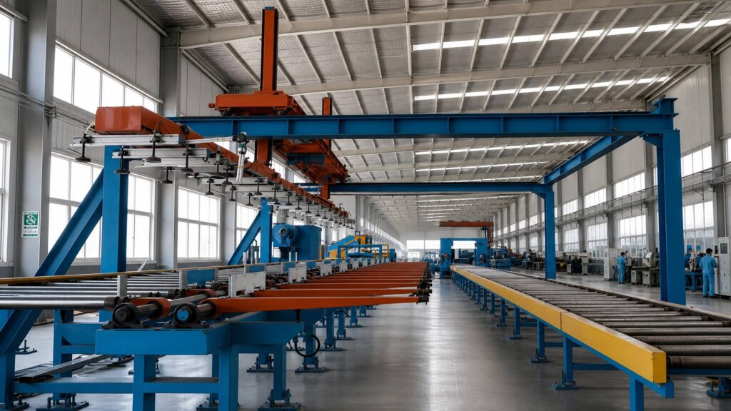 Automated powder coating line with overhead conveyor and blue steel gantries inside the MZ ECO HOUSE factory