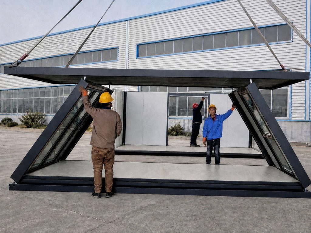 Workers unfolding a black-frame folding container house on site, showing fold-out glass panels and floor deck, MZ ECO HOUSE