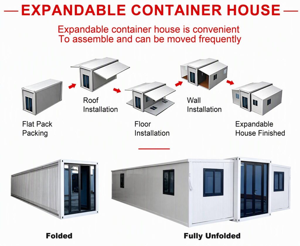 Expandable container house assembly steps in five stages from flat pack packing to finished double-wing unit, with folded and fully unfolded photos below