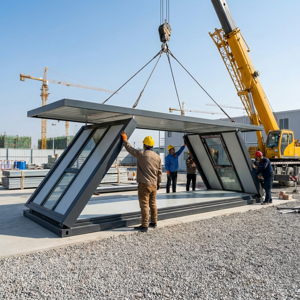 Folding container house lifted by a crane for on-site assembly at the MZ ECO HOUSE factory, workers guiding the folding wall panels into place.
