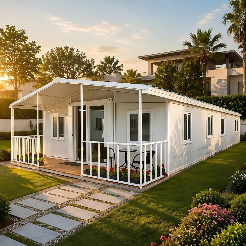 White prefab tiny house with a front porch and steps, set in a garden at sunset with palm trees behind